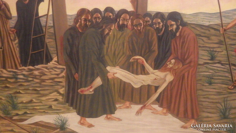 Taking Jesus down from the cross old huge oil on canvas painting 100x160 cm