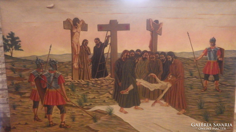 Taking Jesus down from the cross old huge oil on canvas painting 100x160 cm