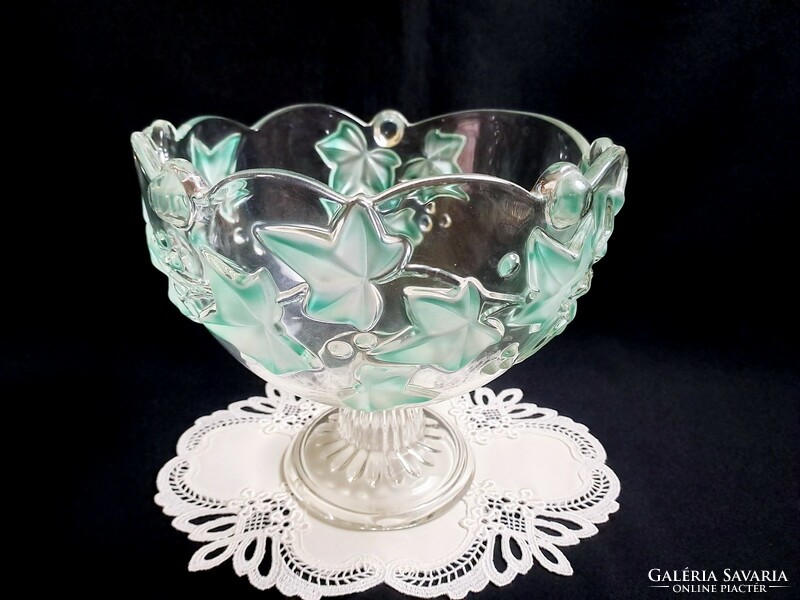 Beautiful large walther glass base glass serving bowl with green leaf pattern