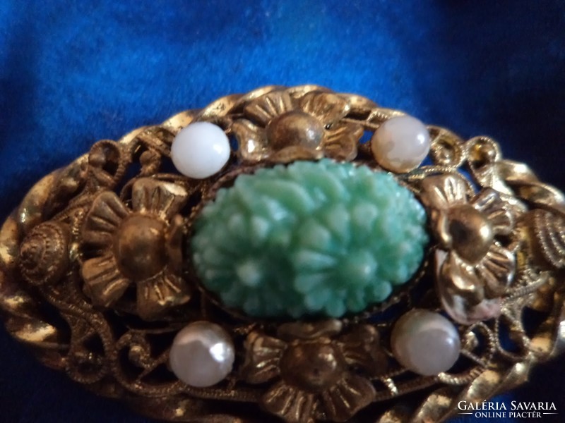 Antique filigree brooch with green special glass paste decoration and pearls