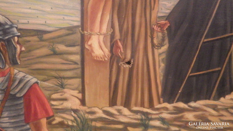 Jézus levétele a keresztről régi hatalmas olaj-vászon festmény 100x160 cm