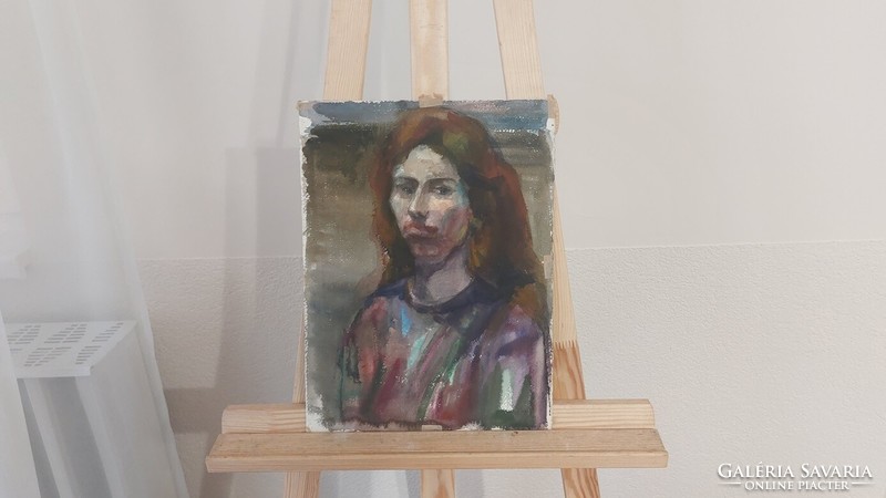 (K) Akvarell női portré festmény 2 oldalas 38x28 cm