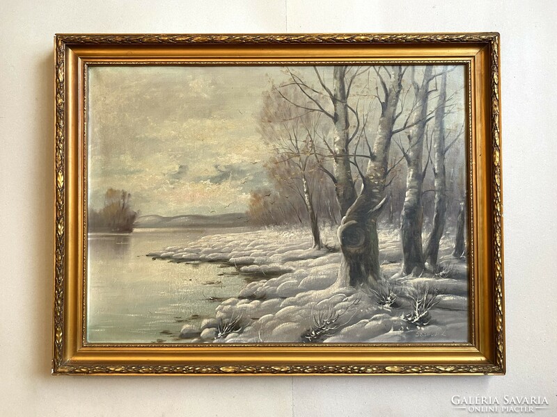 Lajos Szamosi winter landscape forest edge at the stream oil canvas painting in original gold frame