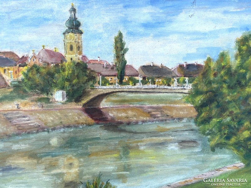 Rába river bank with Győr church and bridge with ocsko sign oil painting in original frame