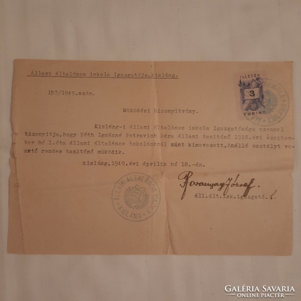 Operating certificate issued by Kisláng state elementary school, 1949