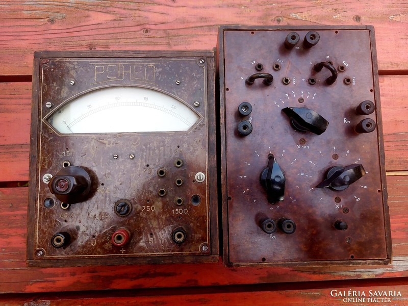 Custom-made antique wooden box instruments..Voltage and current meter, and a decade resistor.