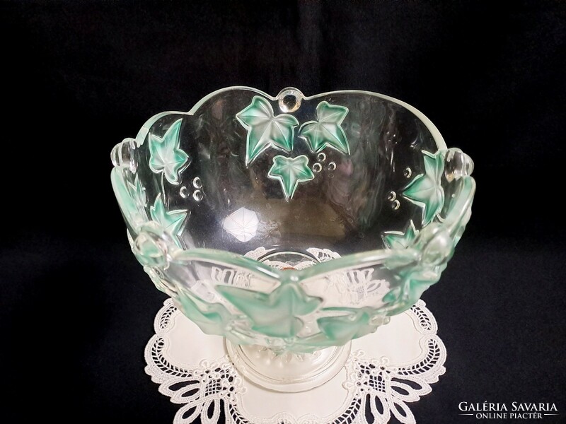 Beautiful large walther glass base glass serving bowl with green leaf pattern