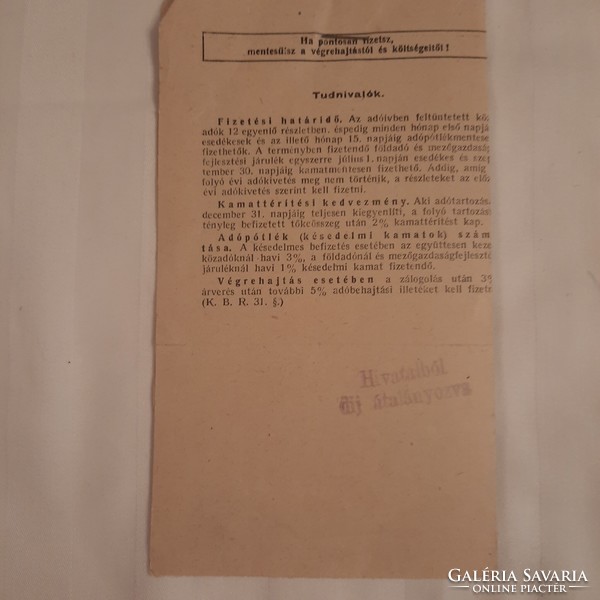 Fonyód Adóhivatal által kiállított adóív az 1950. évre