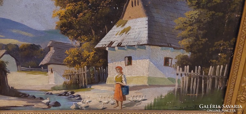 Szentmiklóssy m. Sándor / small village on the bank of the stream oil on canvas painting
