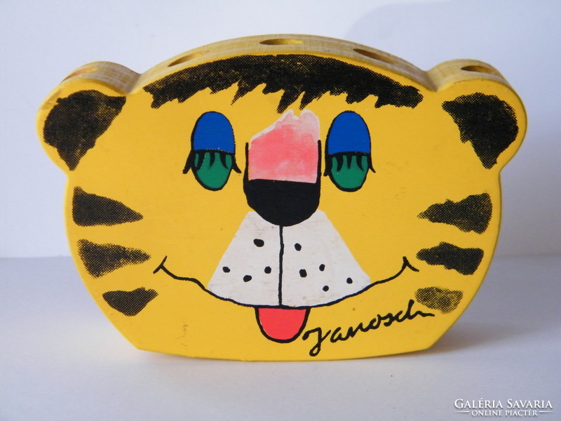 Retró Janosch tigris asztali ceruzatartó fából