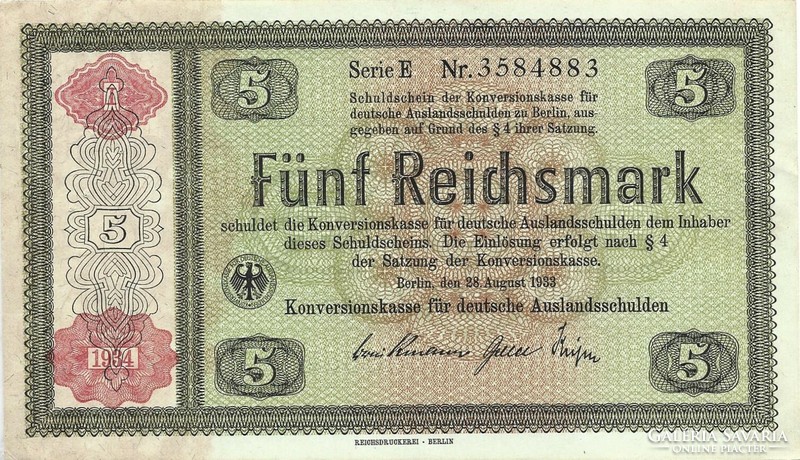 5 Reichsmark 1933 / 1934 Germany konversionskasse rare 2 unfolded aunc.