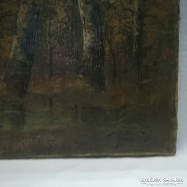 Antique stone moat marked painting, forest interior, oil on canvas 50x70 cm