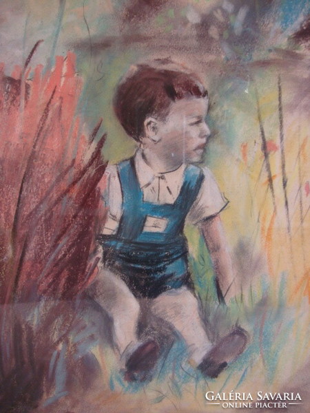 Marked old pastel painting boy in the reeds