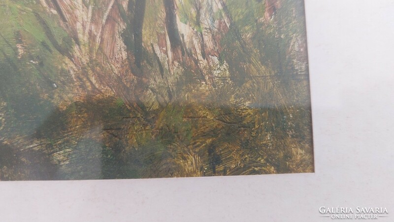 (K) Szignózott erdei házikó festmény 50x34 cm kerettel