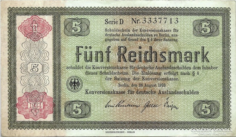 5 Reichsmark 1933 / 1934 Germany konversionskasse rare 1.