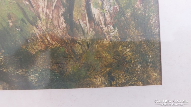 (K) Szignózott erdei házikó festmény 50x34 cm kerettel