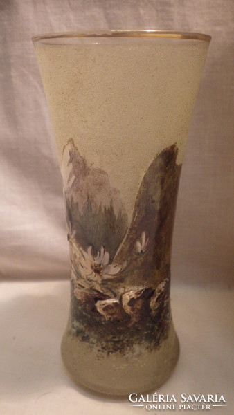 Old glass jug with glasses with a painting of a hunting trophy