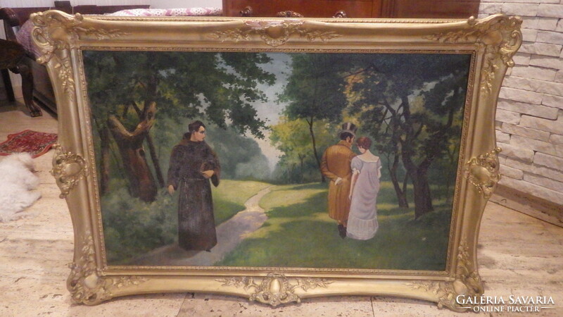 Signed old oil on canvas painting gentleman couple blondel photo frame