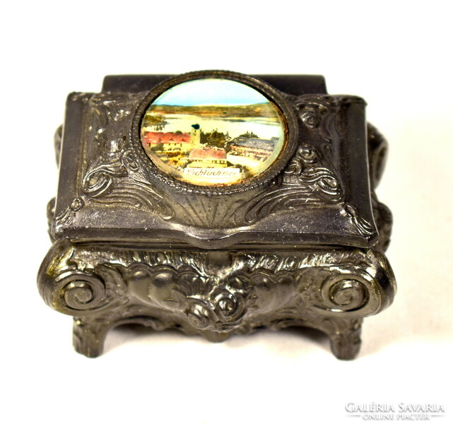 Around 1900 A miniature neo-baroque pewter jewelry box with a cityscape