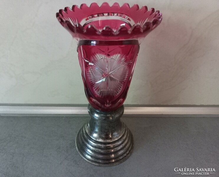 Antique silver-plated base crimson crystal vase