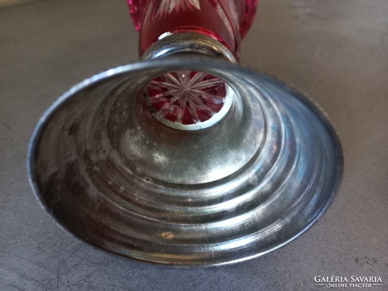 Antique silver-plated base crimson crystal vase