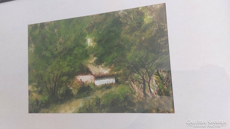 (K) signed forest cottage painting 50x34 cm with frame