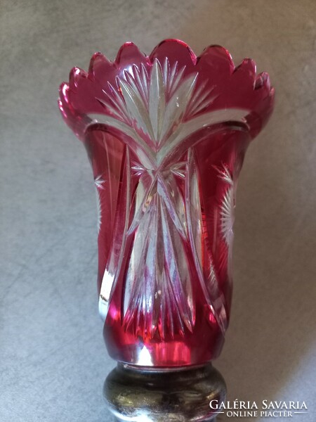 Antique silver-plated base crimson crystal vase