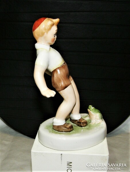 Porcelain figurine of a little boy with a frog, Bodrog Kresztúr?