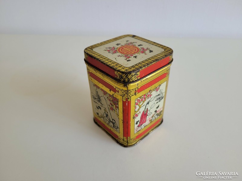 Old metal box square tea box oriental pattern Japanese