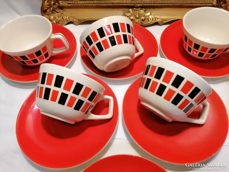 Old red and black patterned granite teacup set and sugar bowl, retro