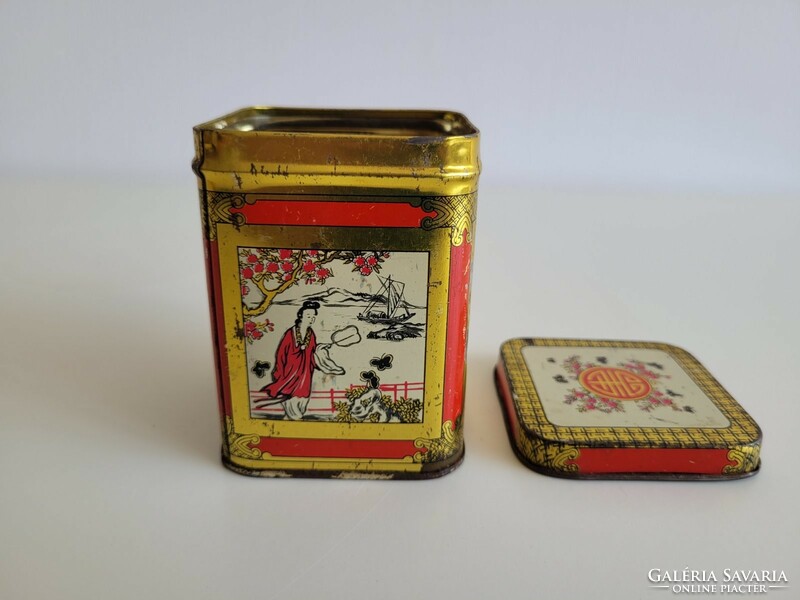 Old metal box square tea box oriental pattern Japanese