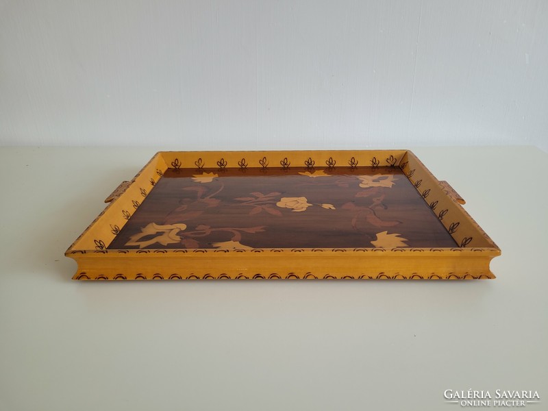 Old retro rose pattern inlaid wooden tray 40.5 cm