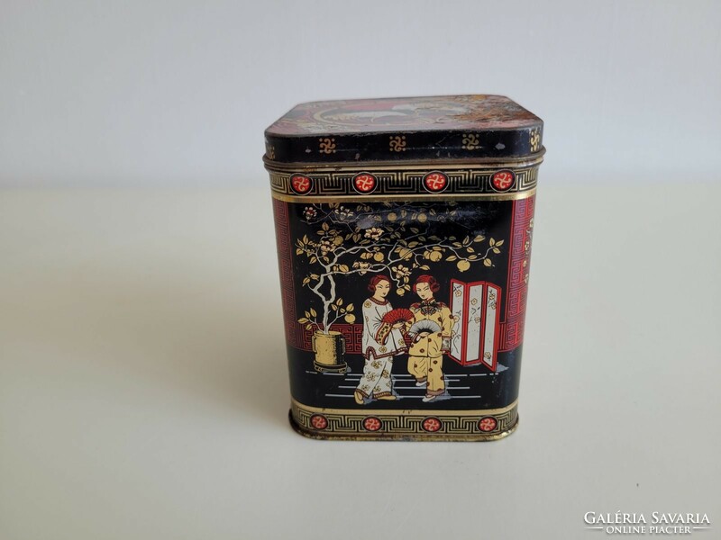 Old metal tea box with oriental pattern, Japanese