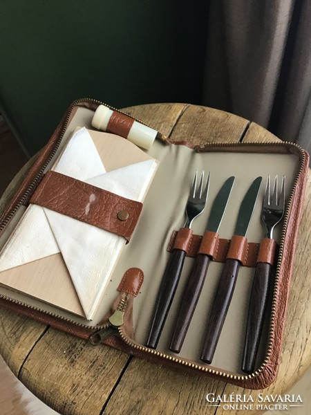 Old travel cutlery with cutting boards, in a case