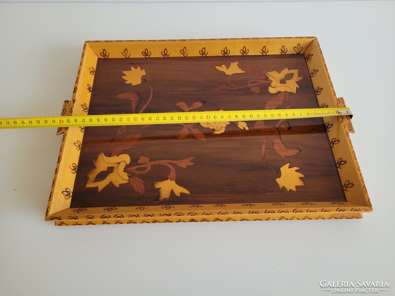 Old retro rose pattern inlaid wooden tray 40.5 cm