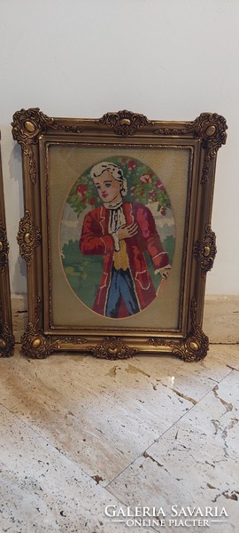 Beautiful, glazed gold blondel picture frame with a pair of tapestries, frame 32x24 cm