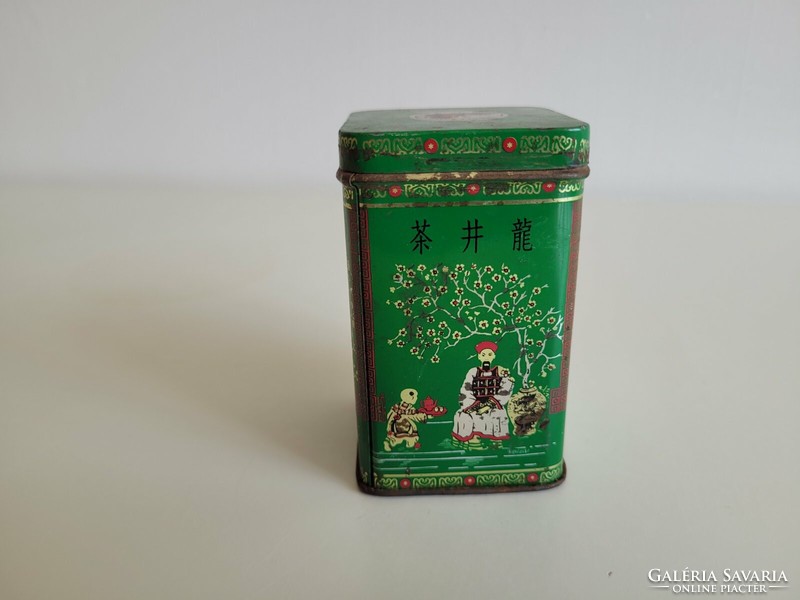 Old metal box square tea box oriental pattern Japanese