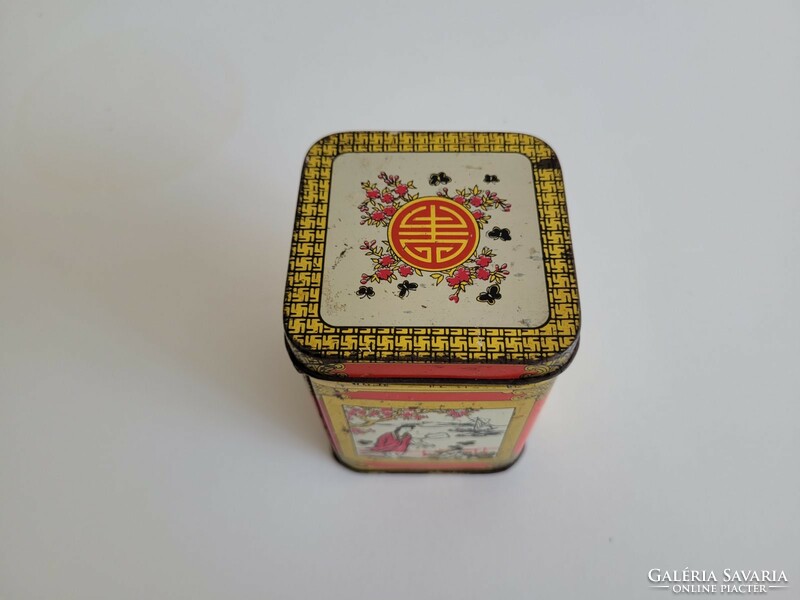 Old metal box square tea box oriental pattern Japanese