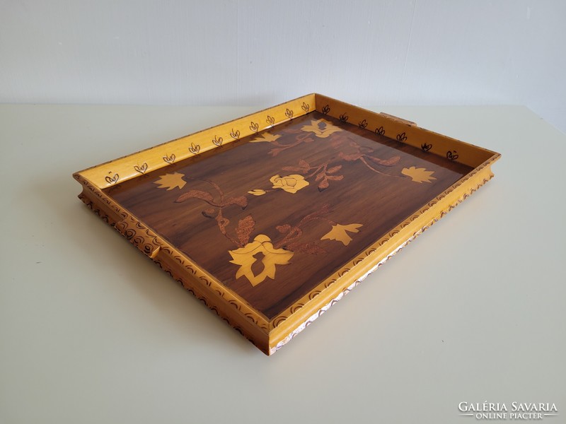 Old retro rose pattern inlaid wooden tray 40.5 cm