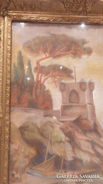FIVE. Marked Mediterranean landscape, painting with boat figures