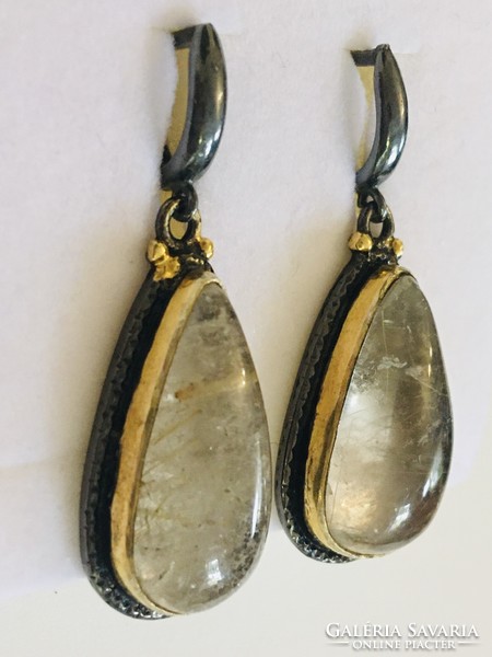 Large silver earrings with rutile quartz