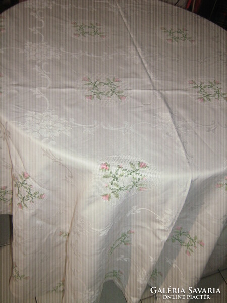 Beautiful festive hand-embroidered damask tablecloth