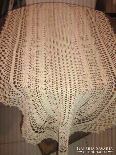 Beautiful antique hand crocheted beige lace tablecloth