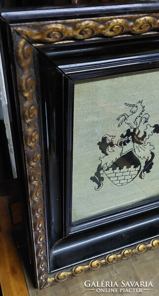 Antique stitched noble family coat of arms framed