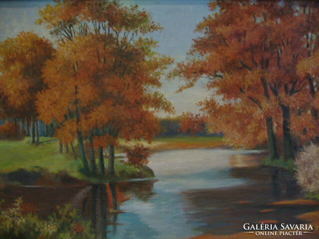 Marked painting, oil on cardboard, river bank in the forest