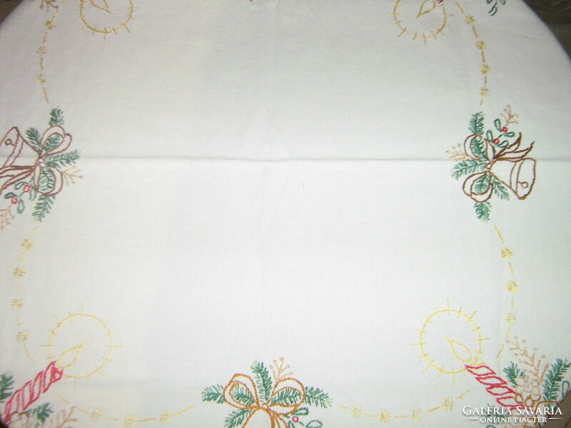 Beautiful Christmas hand-embroidered linen tablecloth with a lace edge