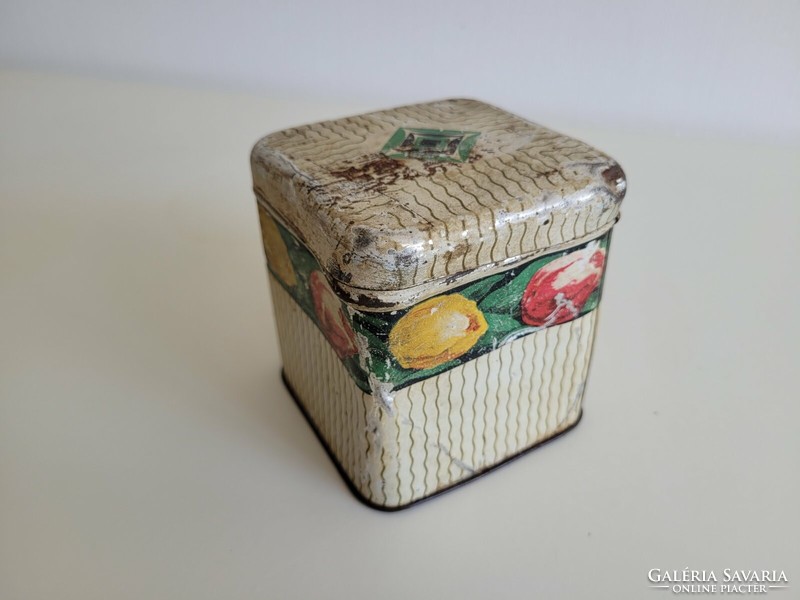 Old metal box Frankish coffee box with tulip pattern