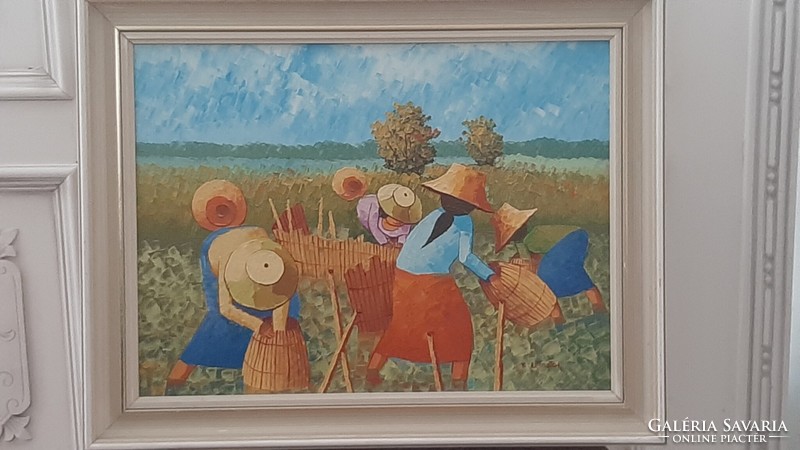 T. Rittidatch Nők a rizsföldön impresszionista festménye