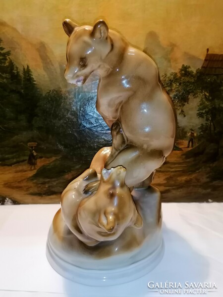 Zsolnay porcelán birkózó medvék 30,5 cm porcelán szobor, hibátlan