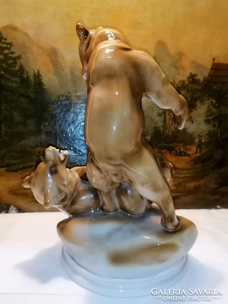 Zsolnay porcelain wrestling bears 30.5 cm porcelain sculpture, flawless